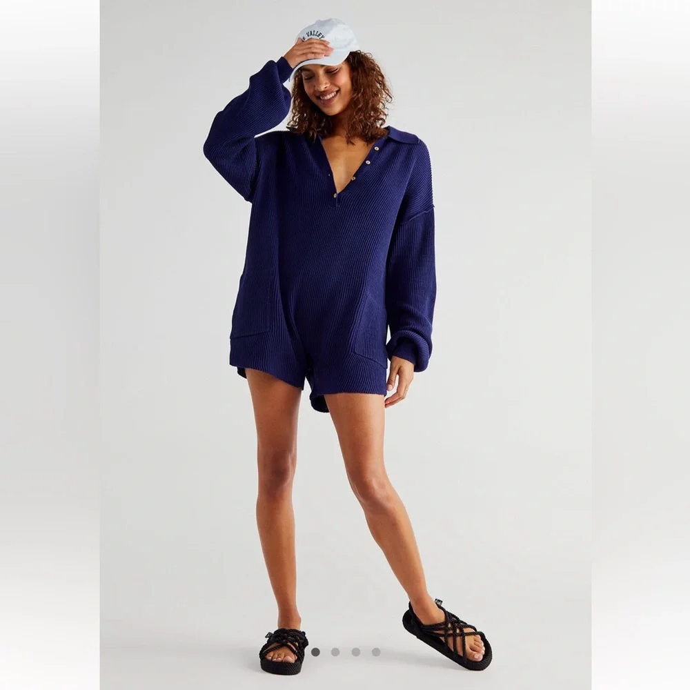 Free People Picnic Sweater Romper | Ink - Picture 3 of 6